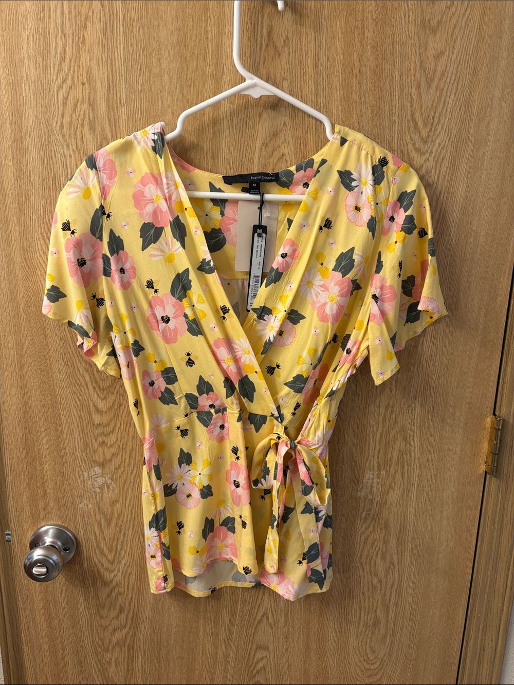 Harve Benard Yellow Floral Wrap Blouse with Pink Flowers